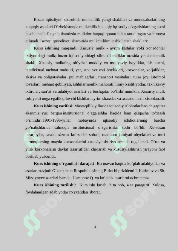 O‘zbekistonda iqtisodiy islohotlar, xususiy mulkchilikning shakllanishi, bozor munosabatlarining rivojlanishi 4