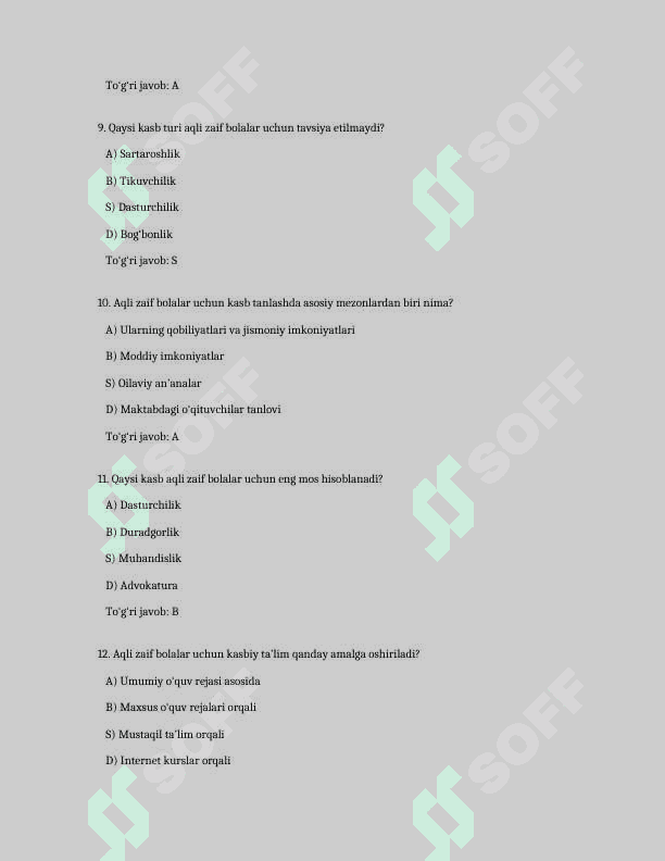 Aqli zaif bolalar egallashi mumkin boʻlgan kasblar . TEST JAVOBLARI BILAN 3