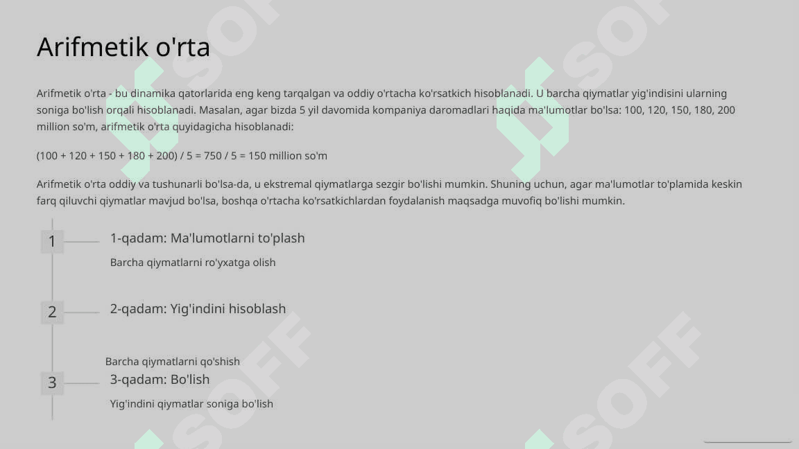 Dinamika qatorlarida o'rtachalarning darajasini hisoblash usullari 4
