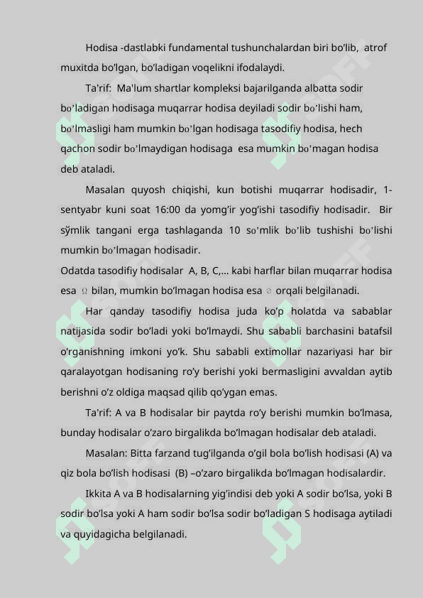 Ehtimollar nazariyasi va matematik statistika haqida tushinch. Tasodifiy hodisalar va ularning ehtimolliklari 3