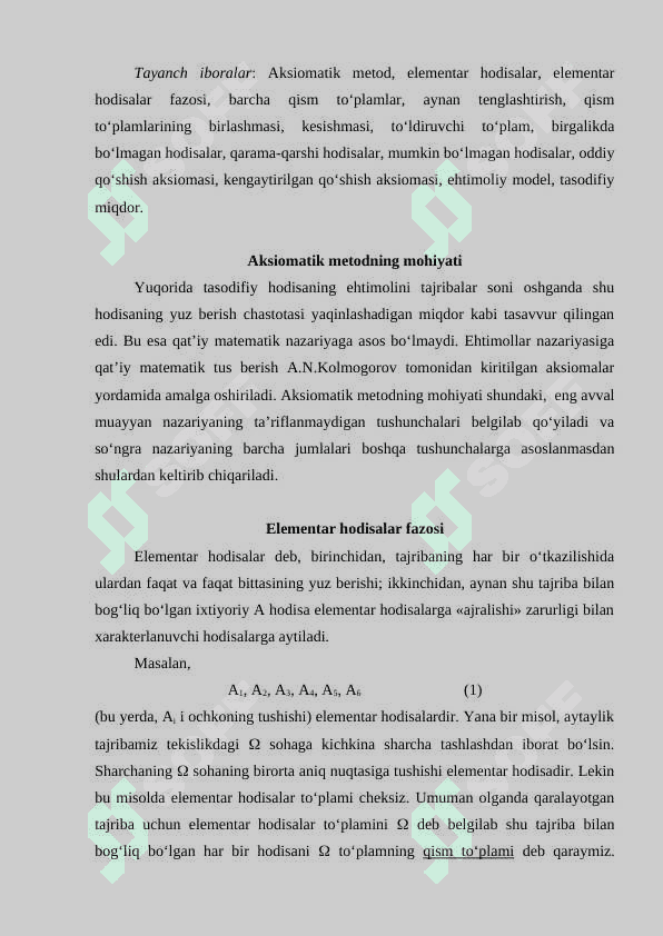 Ehtimollar nazariyasining aksiomalari. Ehtimollarni hisoblashning klassik usuli 2