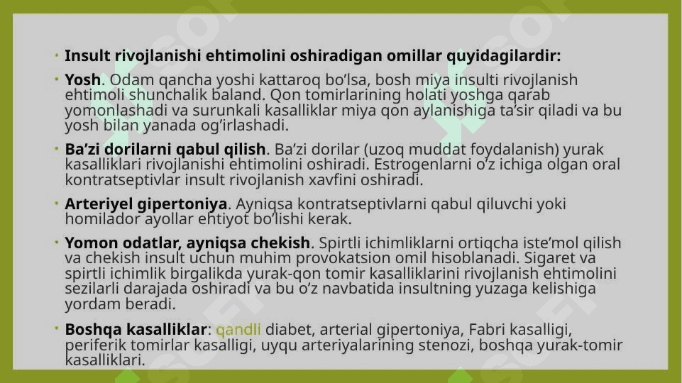 INSULT — SABABLARI, XAVF OMILLARI, BELGILARI, TASHXIS, DAVOLASH VA OLDINI OLISH 4