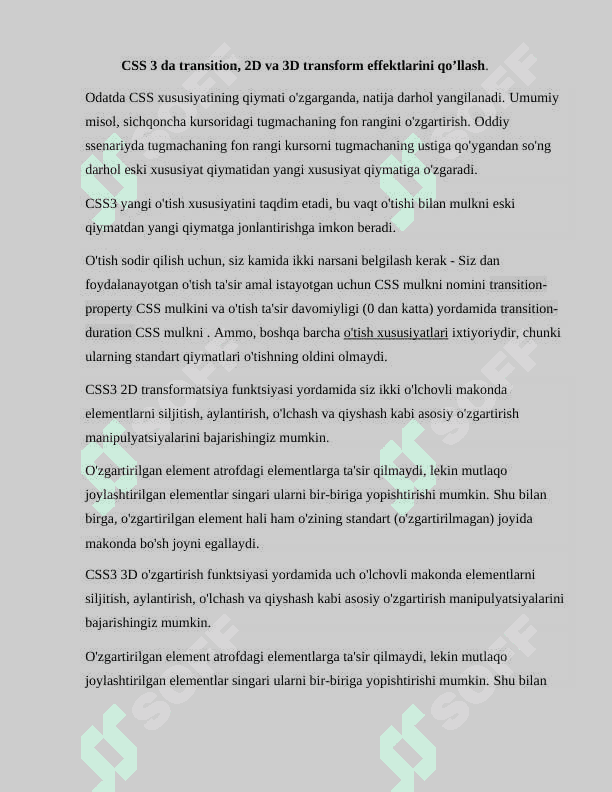 CSS da table, display, transition va 2D, 3D transform effektlarini qo'llash. Formalarga still berish 4