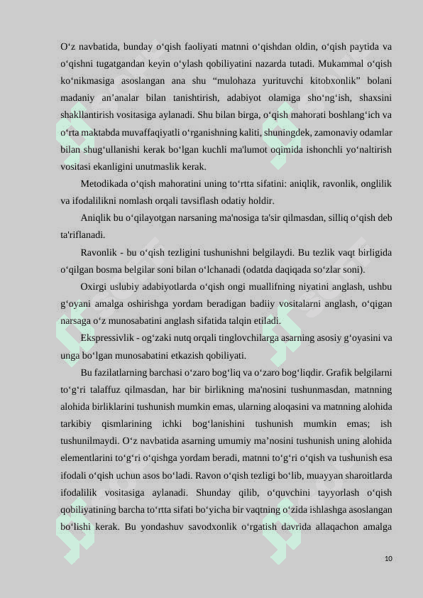O’qish malakasining sifatlari: to‘g‘ri, tez, ongli ifodali o‘qish usullari kurs ishi 8