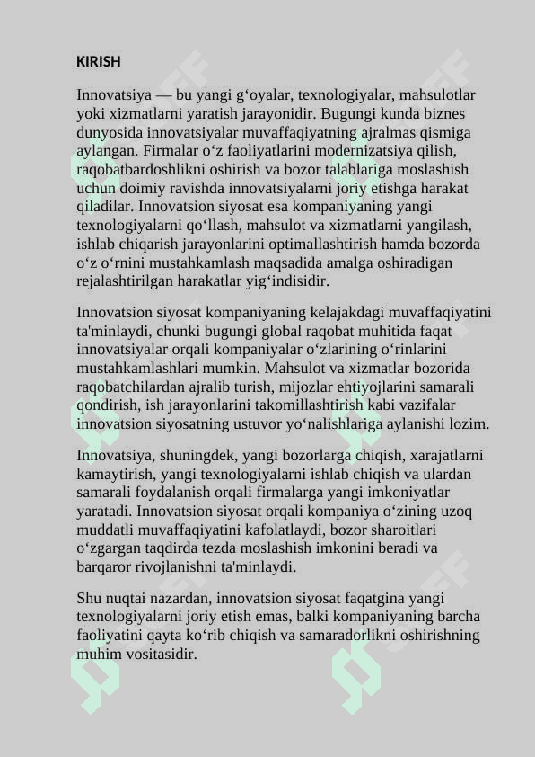 Firmalarning innovatsion siyosati. 2