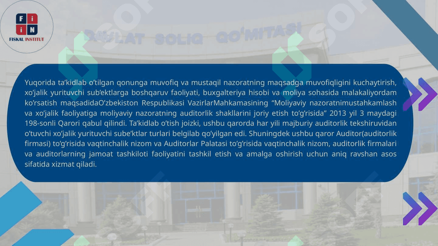 Auditorlik faoliyatini  huquqiy rivojlanish bosqichlari. 5