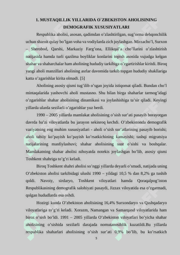 “Mustaqillik davrida O`zbekiston demografik vaziyatidagi o`zgartirishlar” 5