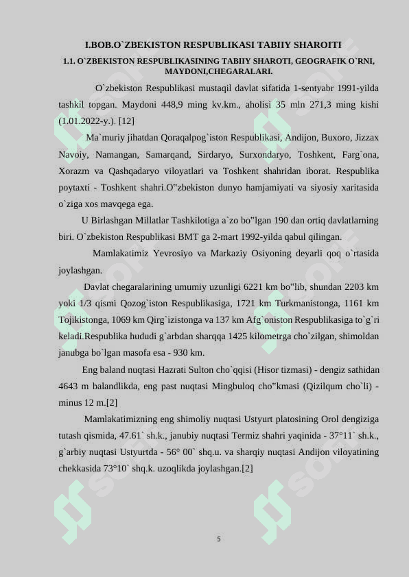 “O`zbekiston tabiiy sharoiti va resurslarini iqdisodiy geografik jihatdan baholash” 5