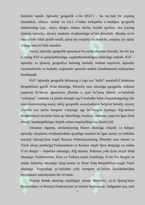 “O`zbekiston tabiiy sharoiti va resurslarini iqdisodiy geografik jihatdan baholash” 7