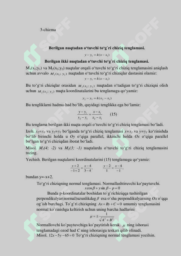 Tekislikda berilgan chiziq tenglamasi. Tekislikda to’g’ri chiziq  tenglamalarining bir necha xillari. To’g’ri chiziqning normal tenglamasi. Ikki  to`g`ri chiziq orasidagi burchak. Nuqtadan to’g’ri chiziqgacha bo’lgan  masofa. . Ikkinchi tartibli egri chiziqning kanonik tenglamasi. T 4