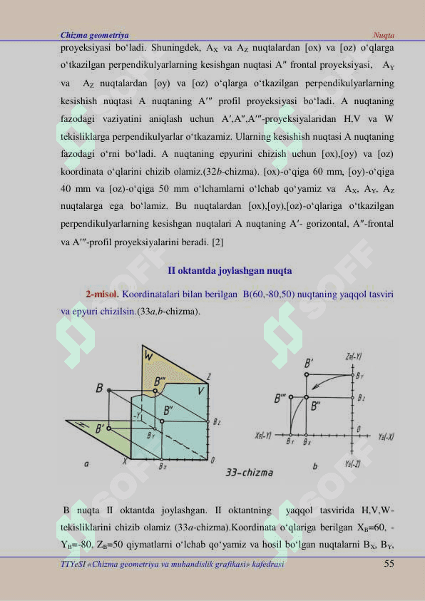 Nuqtani oʻzaro perpendikulyar boʻlgan uchta tekislikka  proyeksiyalash. Oktantlar. Xususiy holatda joylashgan nuqta. 4