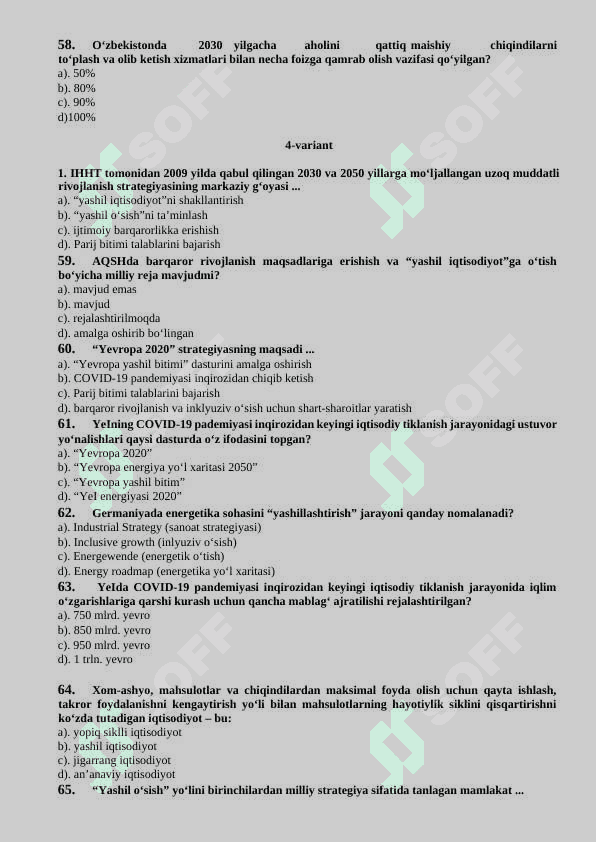Yashil iqtisodiyot testlar 28ta variant 8