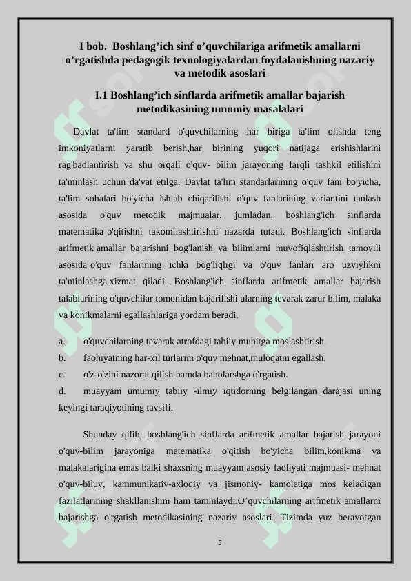 I bob.  Boshlang’ich sinf o’quvchilariga arifmetik amallarni o’rgatishda pedagogik texnologiyalardan foydalanishning nazariy va metodik asoslari	6 5