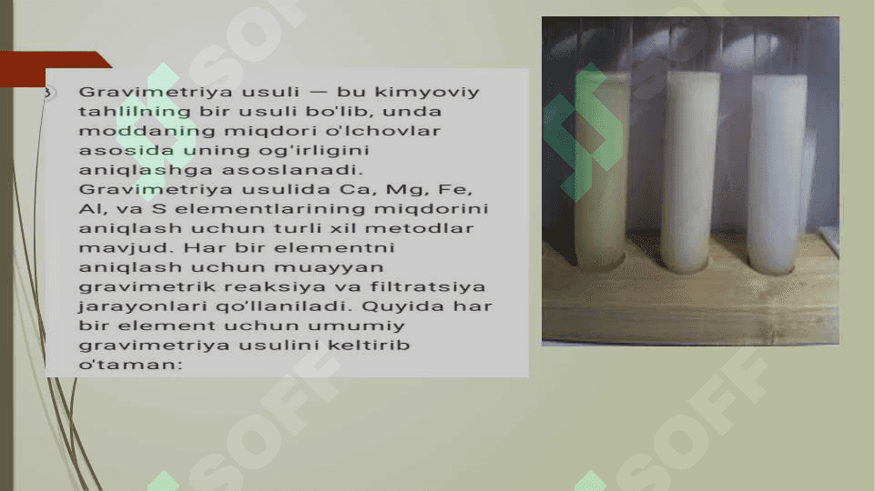 Gravimetriya usulida mutaxassisligiga qarab kalsiy, magniy, temir, alyuminiy va oltingugurt miqdorini aniqlash 5