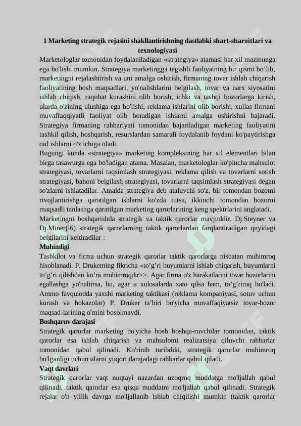 Marketings strategik va taktik rejalashtirish va ularni amalga oshirish usullari, yo‘l-yo‘riqlari 2