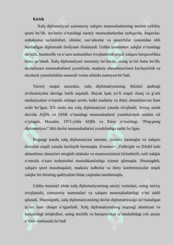 Xalqaro munosabatlarda xalq diplomatiyasining oʻrni eferat 2