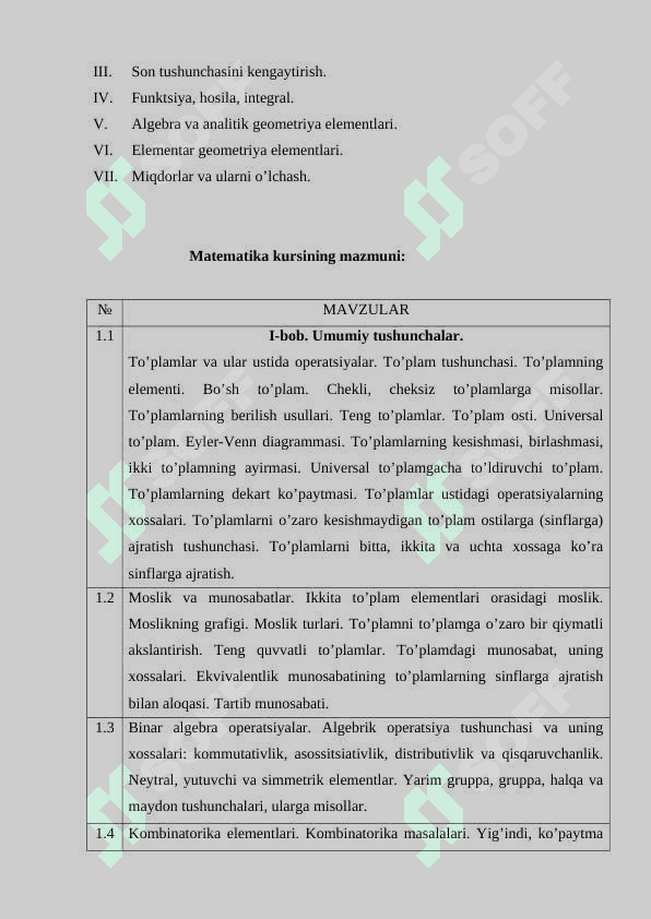 Maxsus sirtqi bo’lim uchun matematikadan o’quv dasturi 3