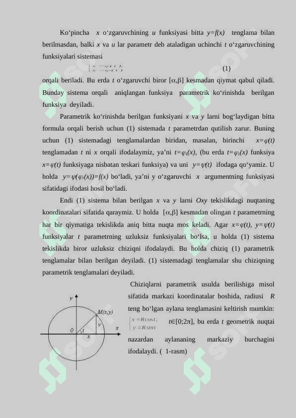 Parametrik ko‘rinishda berilgan funksiya tushunchasi. Parametrik ko‘rinishda berilgan funksiyaning hosilasini topish 2