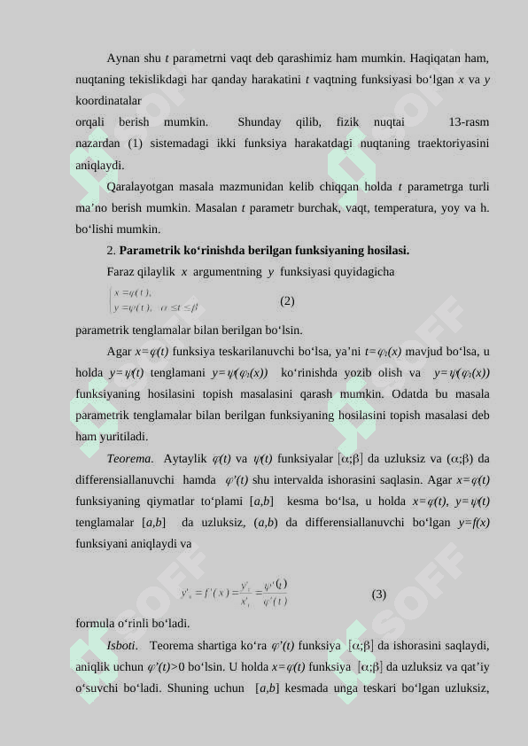 Parametrik ko‘rinishda berilgan funksiya tushunchasi. Parametrik ko‘rinishda berilgan funksiyaning hosilasini topish 3