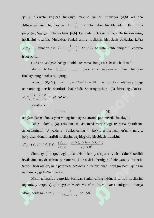 Parametrik ko‘rinishda berilgan funksiya tushunchasi. Parametrik ko‘rinishda berilgan funksiyaning hosilasini topish 4