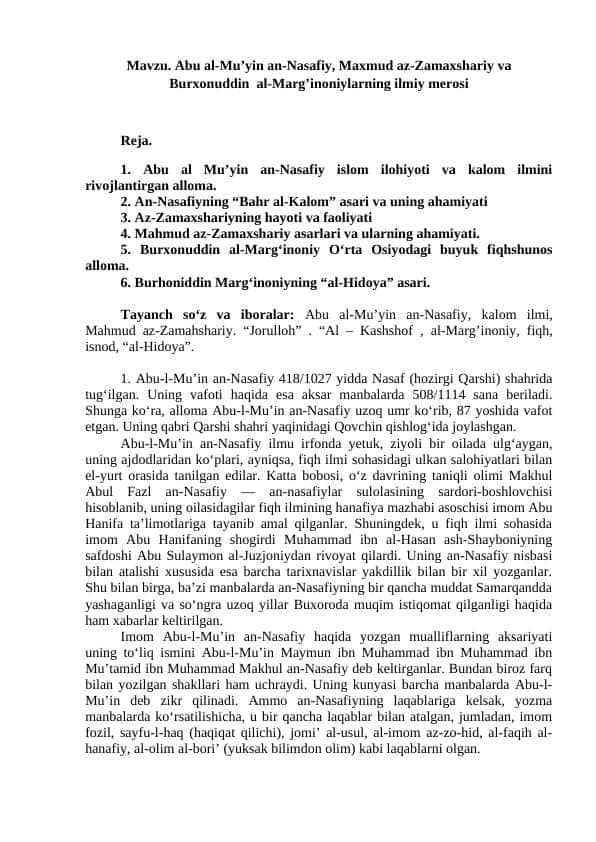 Abu al-Mu’yin an-Nasafiy, Maxmud az-Zamaxshariy va Burxonuddin  al-Marg’inoniylarning ilmiy merosi