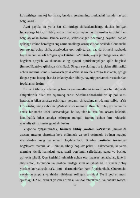 Jarohatlanganda va baxtsiz hodisalarda birinchi tibbiy yordam ko’rsatish qoidalari. 4