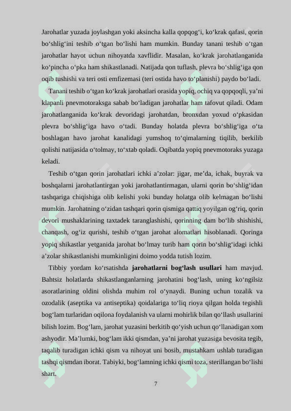 Jarohatlanganda va baxtsiz hodisalarda birinchi tibbiy yordam ko’rsatish qoidalari. 7