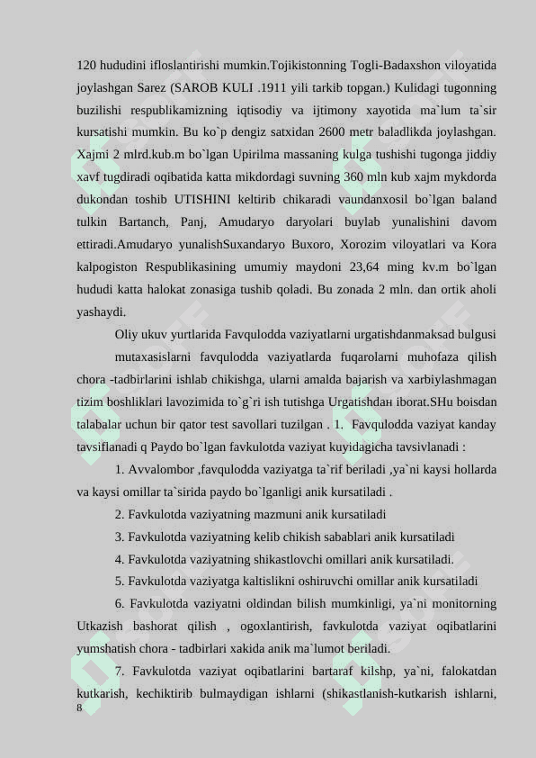 O’zbеkistonda aholini ekologik favquloddan  vaziyatlardan muhofaza qilish tadbirlari 8