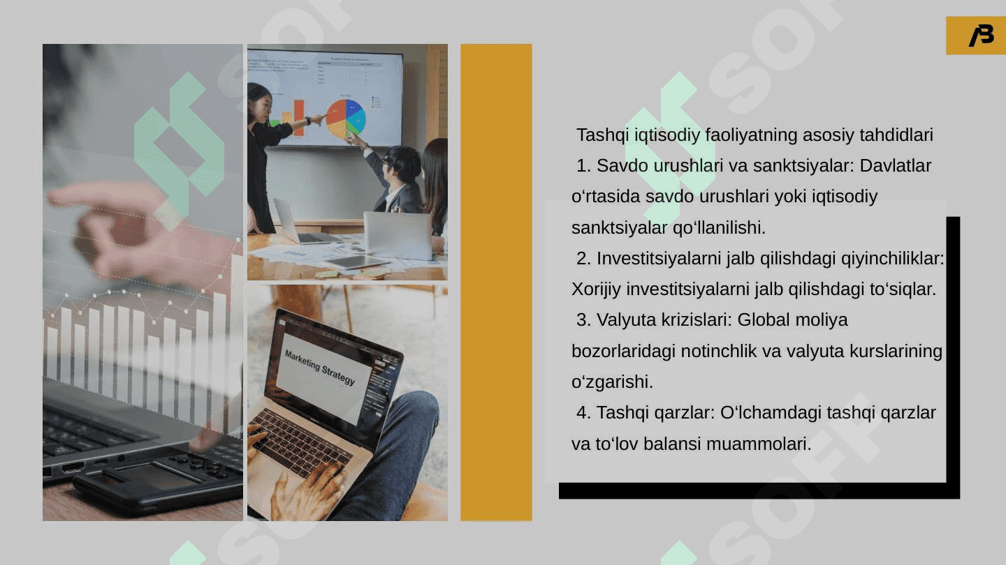 Tashqi iqtisodiy faoliyat sohasida iqtisodiy xavfsizlikni ta’minlash masalalari.  IQTISODIY XAVFSIZLIKNING UMUMIY TUSHUNCHASI TASHQI IQTISODIY FAOLIYAT VA IQTISODIY XAVFSIZLIK   TASHQI IQTISODIY FAOLIYATNING ASOSIY TAHDIDLARI  ENERGETIKA XAVFSIZLIGI MOLIYAVIY XAVFSIZLIK 6