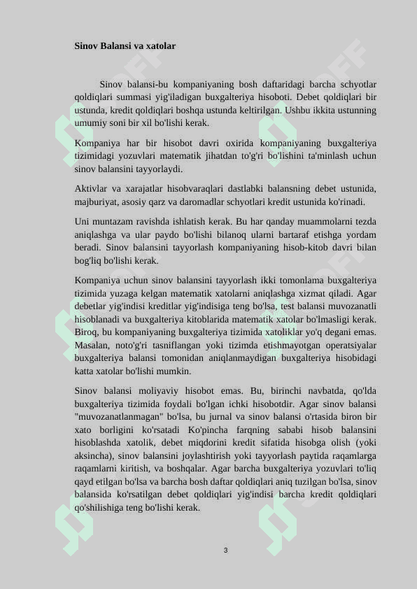 Sinov Balansi va xatolar,Asosiy moliyaviy hisobotlarni tayyorlash referat 3