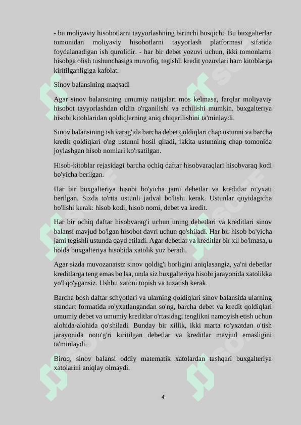 Sinov Balansi va xatolar,Asosiy moliyaviy hisobotlarni tayyorlash referat 4