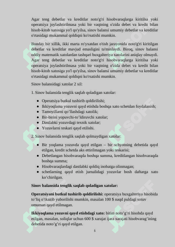 Sinov Balansi va xatolar,Asosiy moliyaviy hisobotlarni tayyorlash referat 5