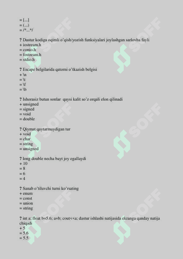 Dasturlash fani Php, Css, C++, Python test + javoblar bilan 2