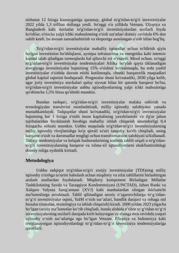Milliy iqtisodiyotni rivojlantirishda xorijiy investitsiyalarning o'rni va ahamiyati 2