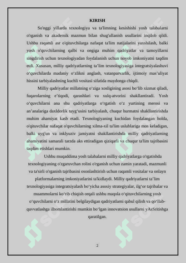 O'quvchi yoshlarni umummilliy qadriyatlar asosida tarbiyalash texnologiyasi 2
