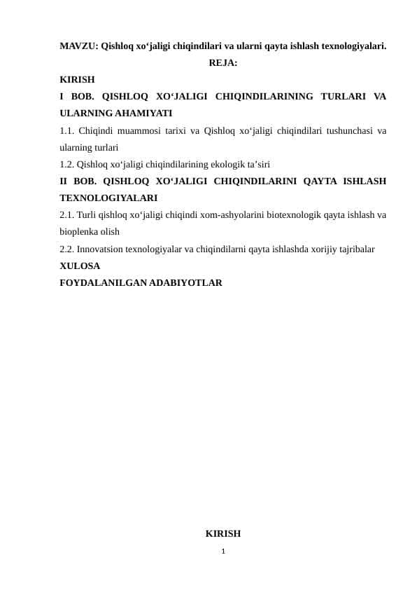 Qishloq xoʻjaligi chiqindilari va ularni qayta ishlash texnologiyalari