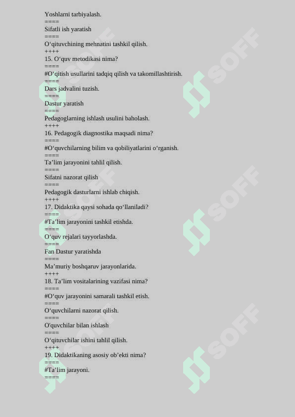 Tarbiyaviy faoliyat diagnostikasi va korreksiyasi FANIDAN 200 TA TEST SAVOLLARI JAVOBI BILAN 4