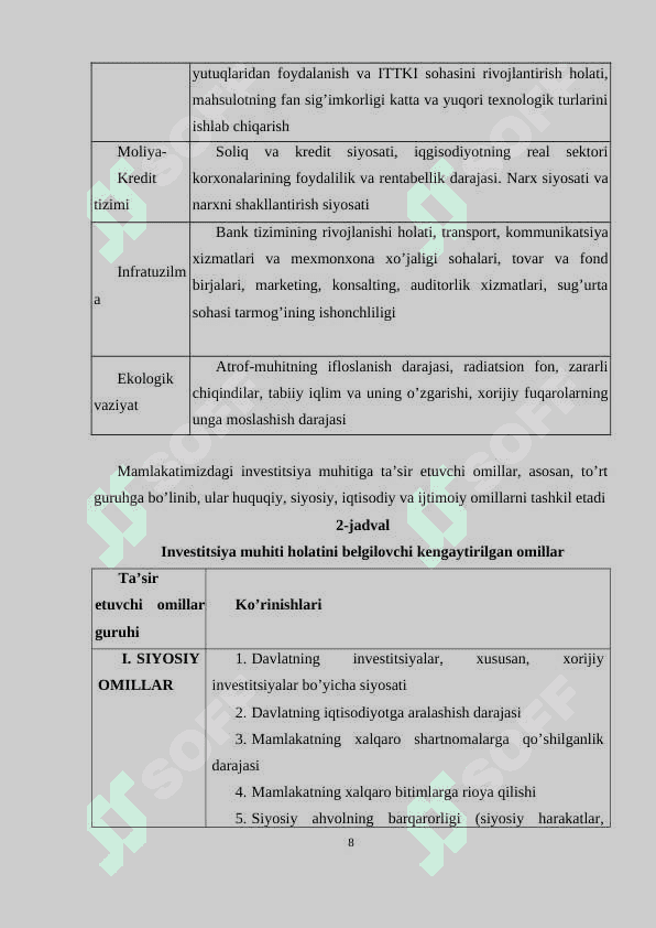 Chet ellik investorlar huquqlarining kafolatlari va ularni himoya qiluvchi huquqiy me`yoriy asoslar 8