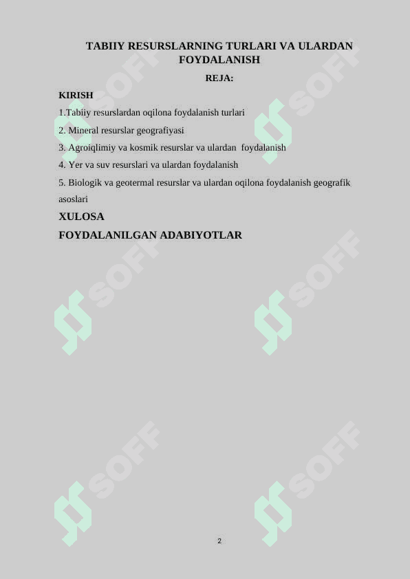 “Tabiiy resurslarning turlari va ulardan foydalanish” 2
