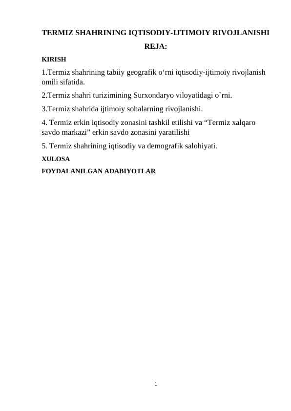 “Termiz shahrining iqtisodiy-ijtimoiy rivojlanishi”