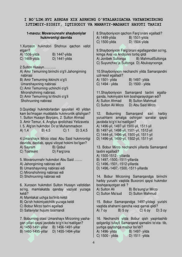Tarixdan yangi mavzulashtirilgan testlar 4