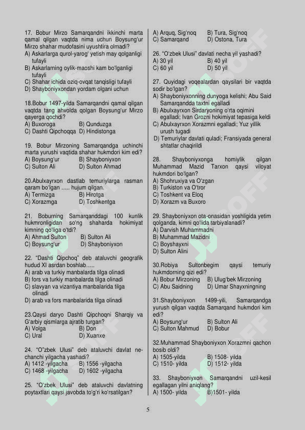 Tarixdan yangi mavzulashtirilgan testlar 5