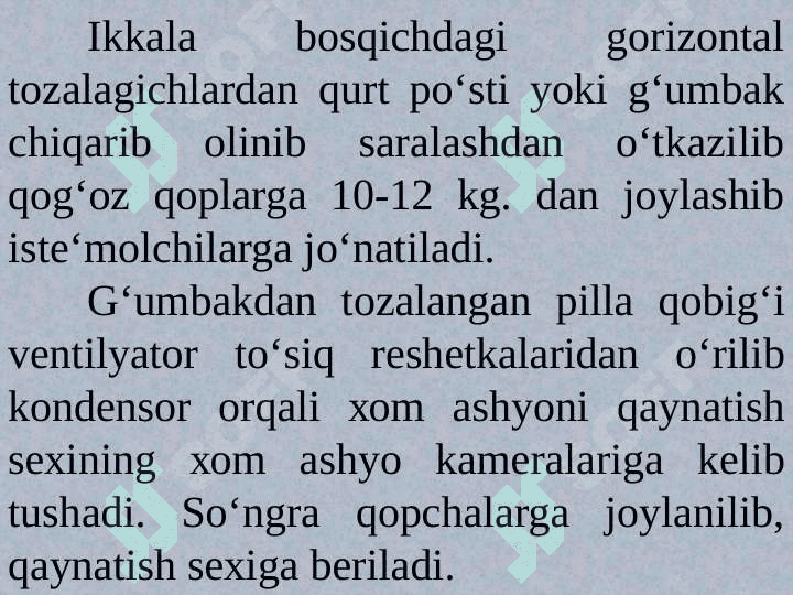 Ipak tolalarini yog‘sizlantirish va elimsizlantirish.  Ipak tolalarini shtapellash. 6