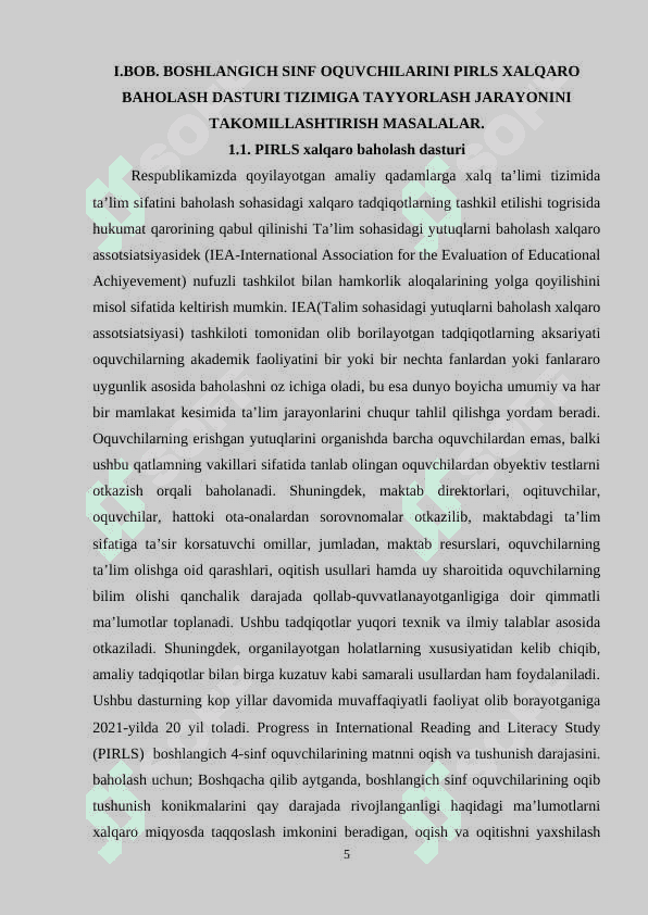 PIRLS(Progress in International Mathematics and Literacy Study (PIRLS) – boshlangich 4-sinf oquvchilarining matnni oqish  va tushunish darajasini baholash uchun) tadqiqoti haqida umumiy tushuncha 5