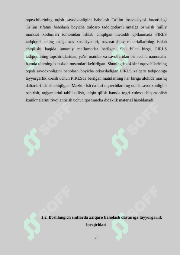 PIRLS(Progress in International Mathematics and Literacy Study (PIRLS) – boshlangich 4-sinf oquvchilarining matnni oqish  va tushunish darajasini baholash uchun) tadqiqoti haqida umumiy tushuncha 8