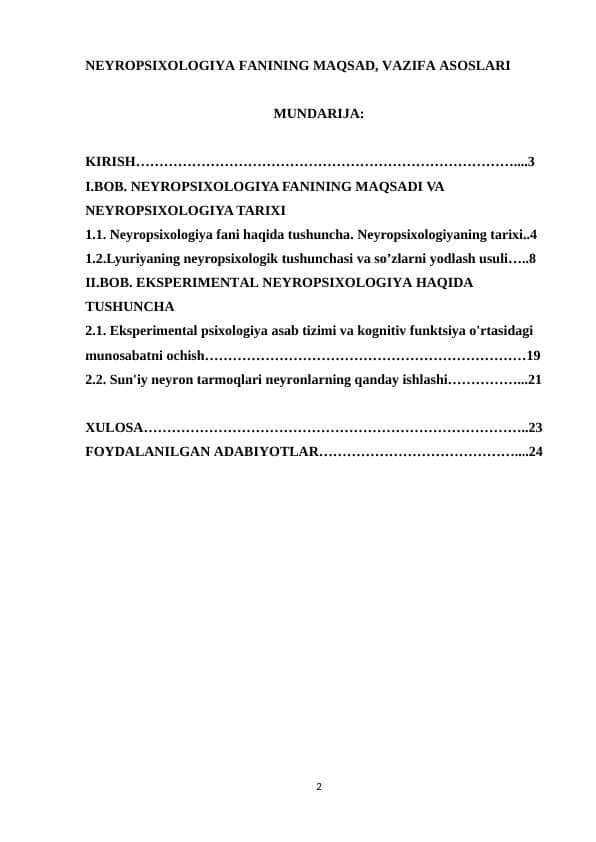 NEYROPSIXOLOGIYA FANINING MAQSAD, VAZIFA ASOSLARI