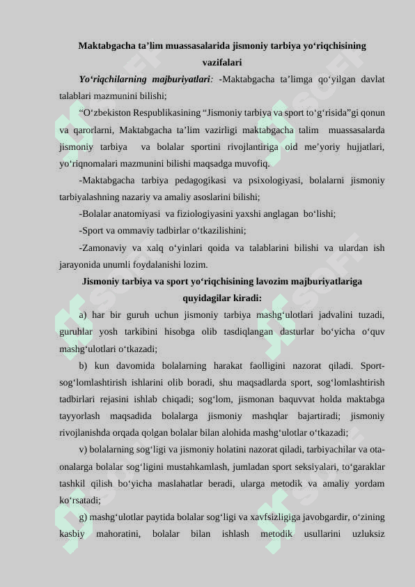 Maktabgacha ta’lim muassasalarida jismoniy tarbiya yo‘riqchisining vazifalari 2