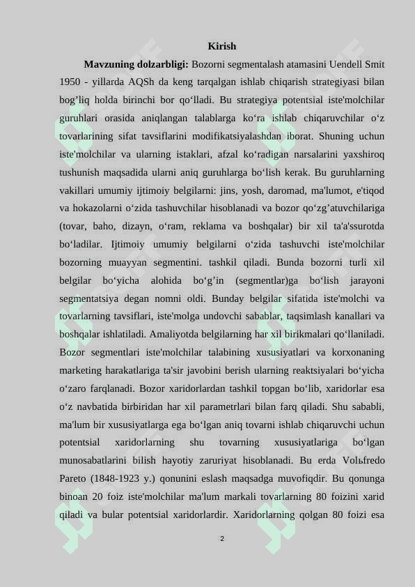 BOZOR TUSHUNCHASI, UNING VAZIFALARI  VA BOZOR TURLARI mustaqil ish 2