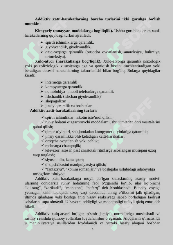VOYAGA YETMAGANLARDA ADDIKTIV XULQ-ATVOR TURLARI, SABABLARI VA UNING PROFILAKTIKASI 4