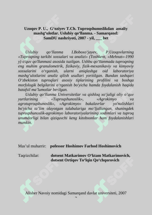 TUPROQSHUNOSLIKDAN  AMALIY MASHG‘ULOTLAR 2